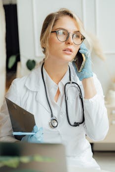 Female doctor in white coat and gloves making a phone call while in a medical office setting.